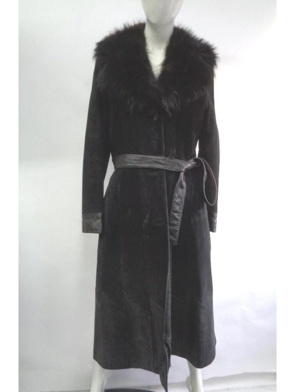 Excellent Black Suede Leather Raccoon Fur Coat Jacket Women Woman Size 4 Petite